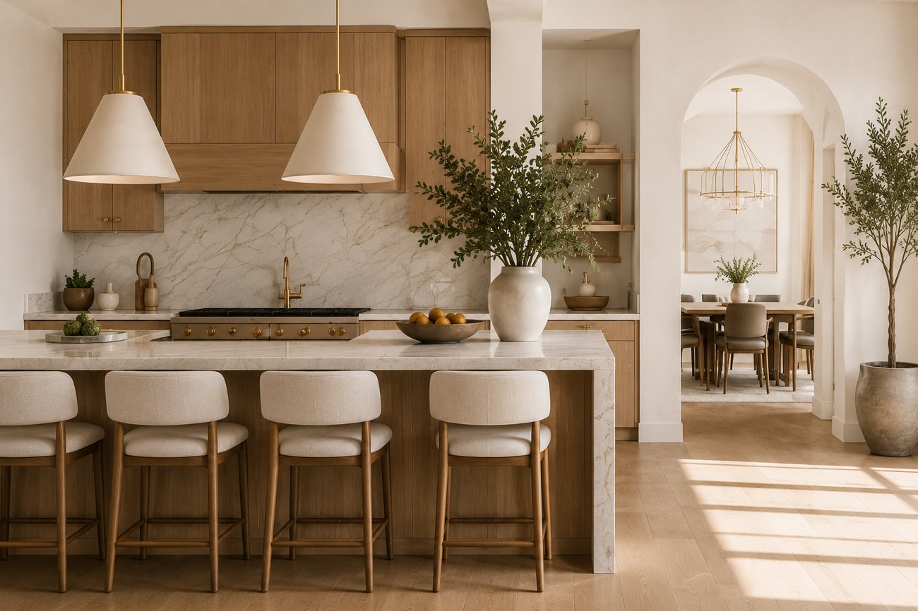 A kitchen island with barstools beneath pendant lighting